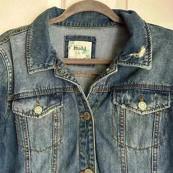 MUDD JUNIOR TEEN GIRLS WOMENS L DENIM JEAN JACKET DISTRESSED BUTTON MED WASH - Picture 2 of 5
